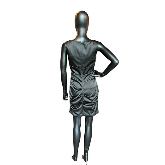 Black Satin Bejeweled Mid-Length Dress - Picture 4 of 6